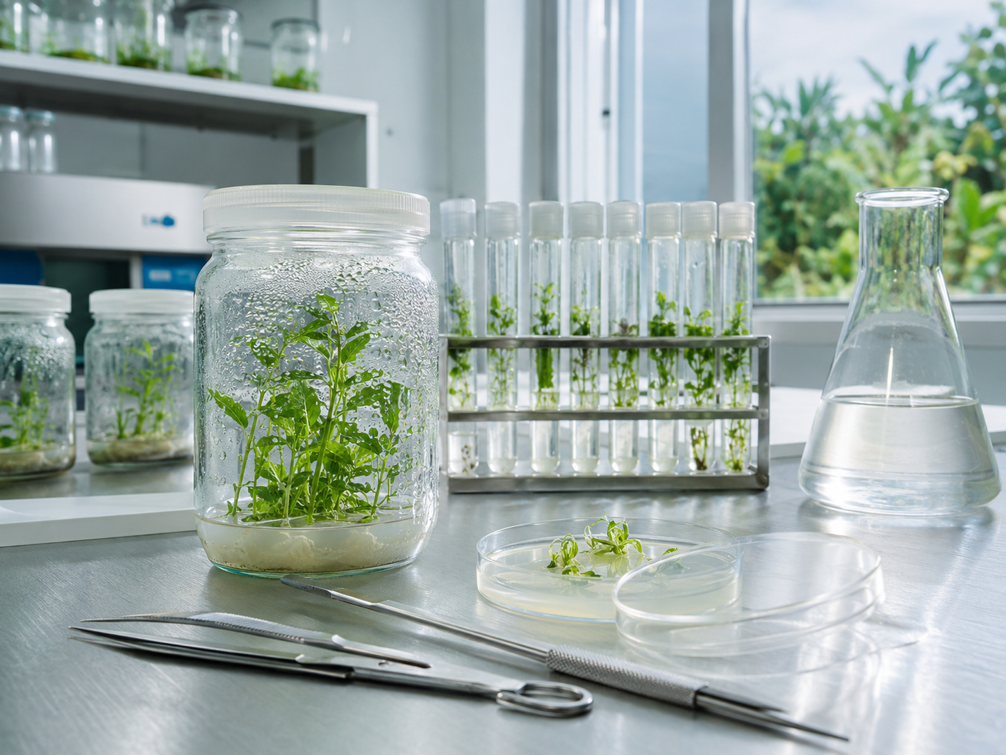 Material vegetal cultivado en condiciones controladas dentro de un laboratorio